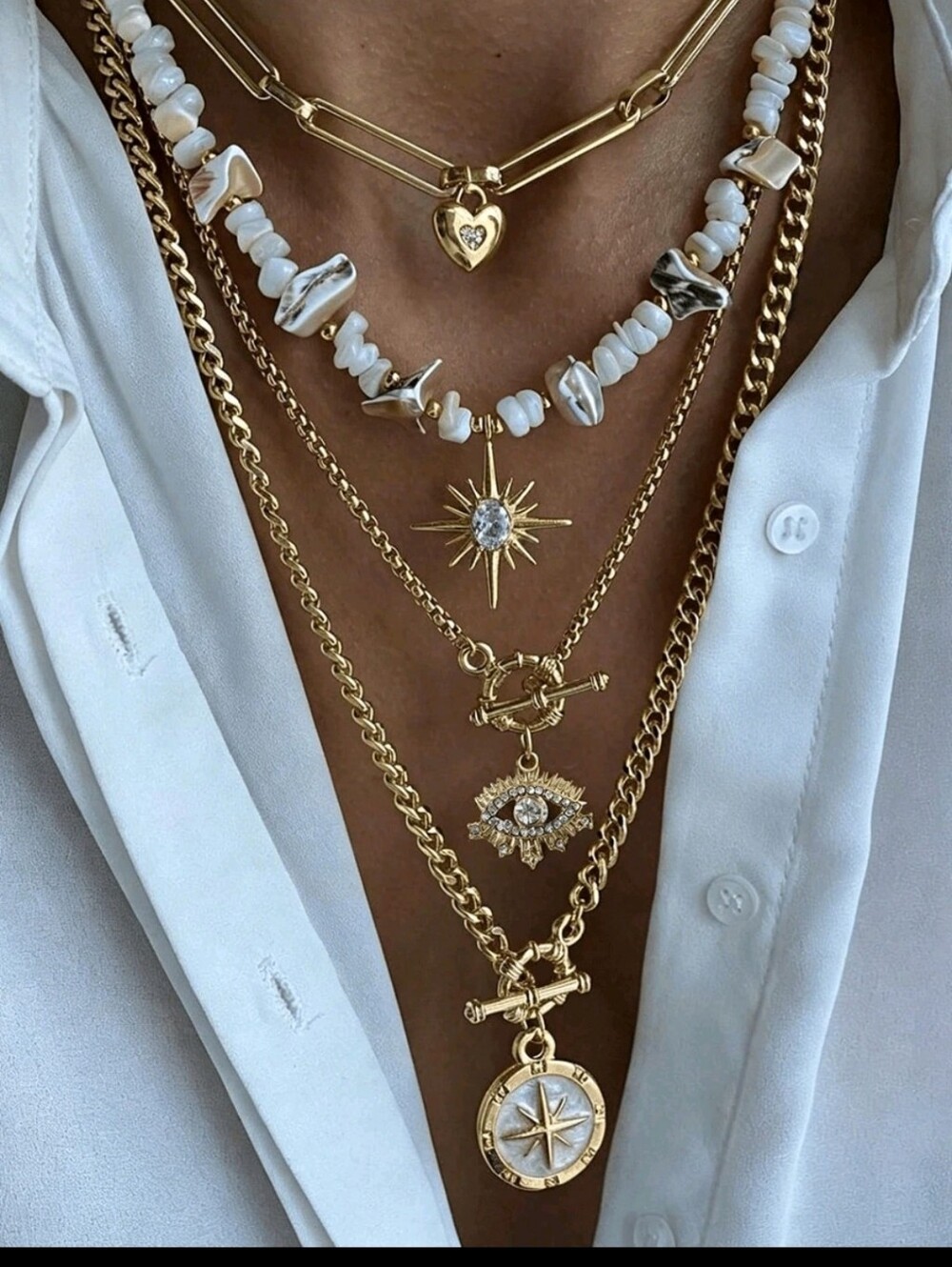 BRAND NEW ** 4pc Gold Layered Pendant Necklace Set with White Bead Accents